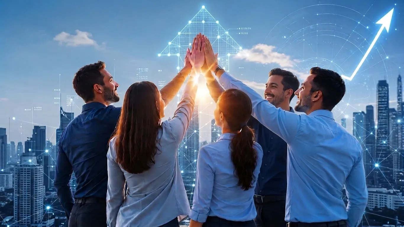 Equipo de Technology Partners celebrando un logro conjunto, con la ciudad y una red de conexiones digitales de fondo.