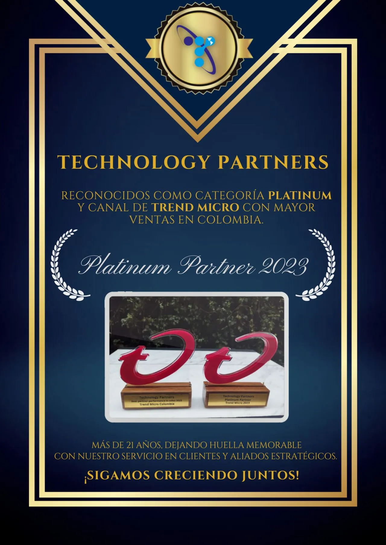 Pieza gráfica conmemorativa de Technology Partners por haber alcanzado la categoría Platinum de Trend Micro.