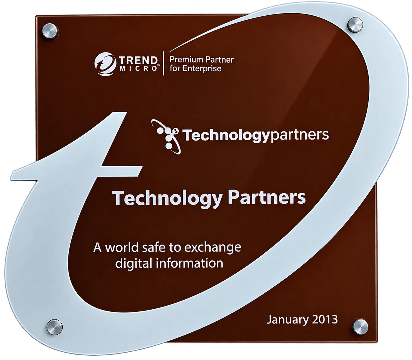 Placa conmemorativa de Trend Micro que acredita a Technology Partners como Premium Partner for Enterprise en enero de 2013.