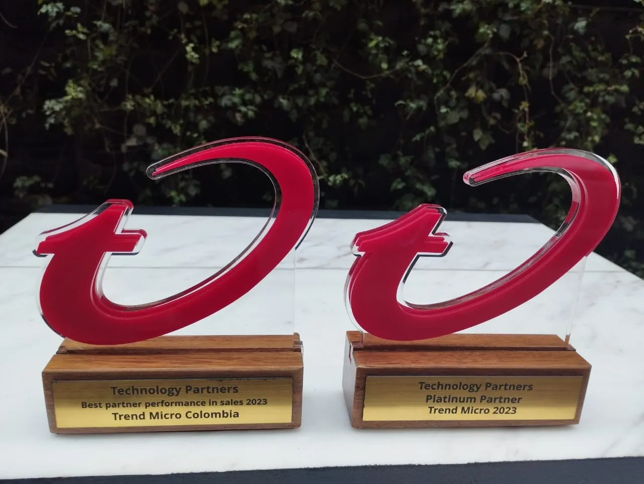 Los dos trofeos de Trend Micro, en acrílico rojo sobre bases de madera, con las placas de Platinum Partner y de mejor desempeño en ventas.